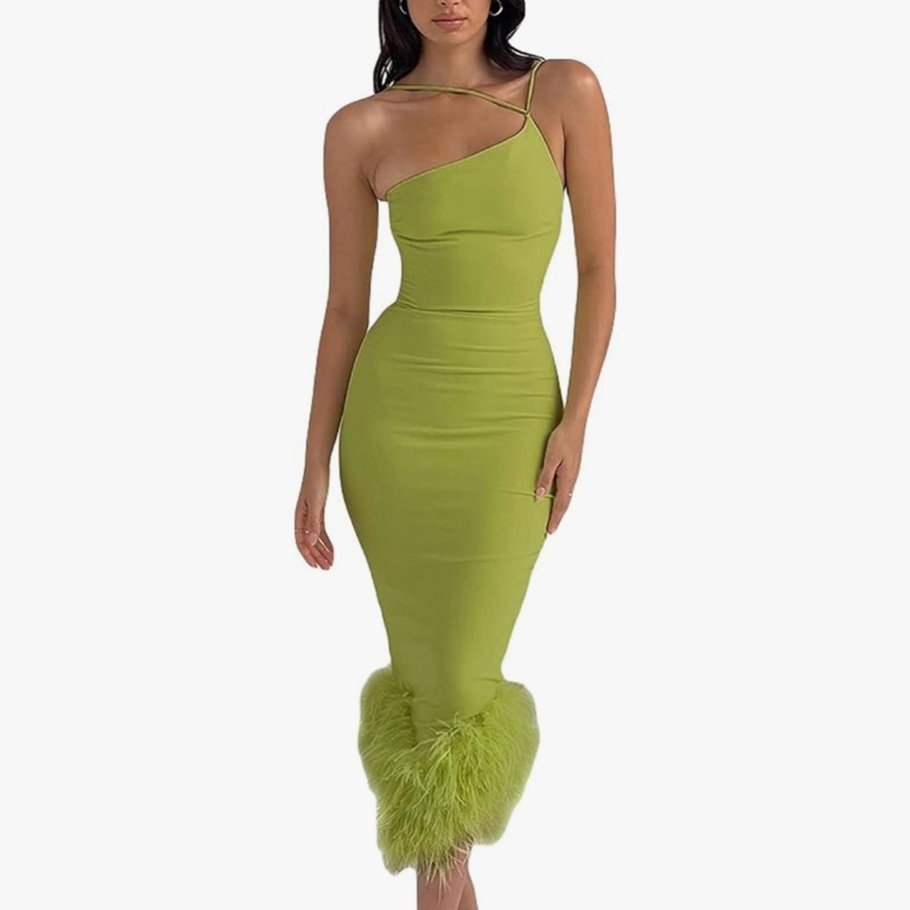 One Shoulder Feather Hem Midi Dress
